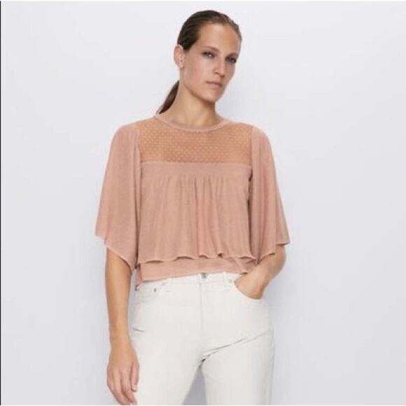 Zara EUC Ruffled Mesh Details Knit Top Blouse Size S Bloggers Favourite - Picture 6 of 9
